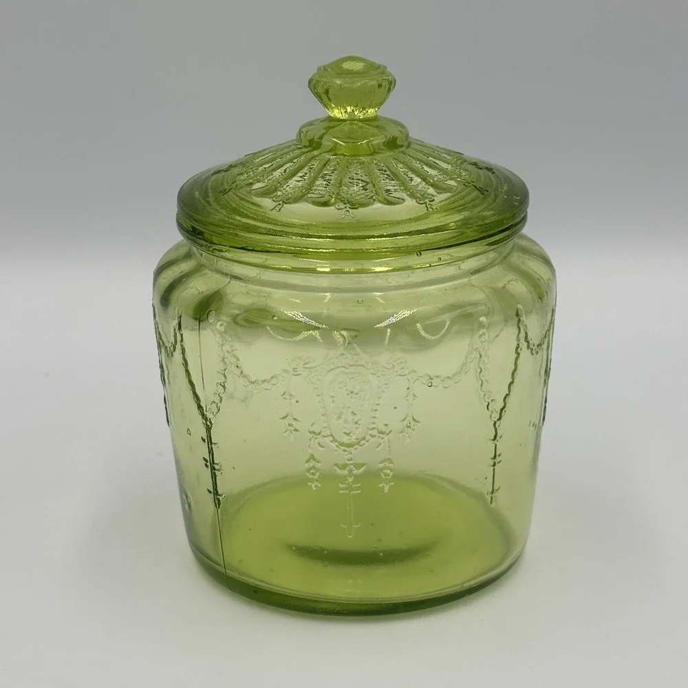 Vintage Umbrella‎ Glass Jar Green With Lid And Etching